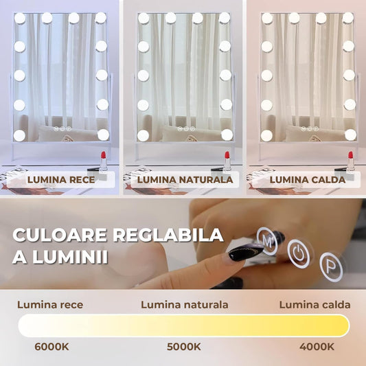 Oglinda Machiaj Elindor® cu 12 Lumini LED, Culori Reglabile, Zoom 10X, Baza Solida, Rotatie 360° , pentru Dormitor sau Salon, Alb