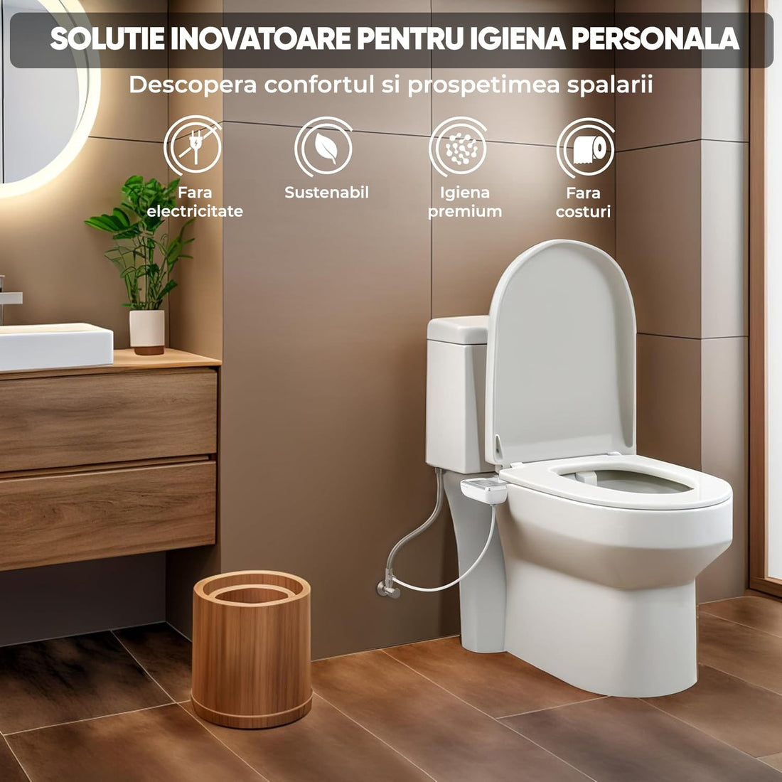 Bideu Retractabil pentru Toaletă cu Auto-Curățare, Control de Presiune, Igienă Personală, Gri