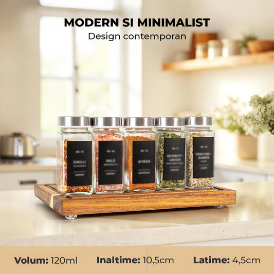 Set 24 Recipiente Condimente Elindor® din Sticla cu Capac din Inox, cu Sita, Organizator Bucatarie, Organizatoare Sertar, Borcane 120 ml, 2 Tipuri de Etichete si Palnie Metalica Accesorii Depozitare, Transparent