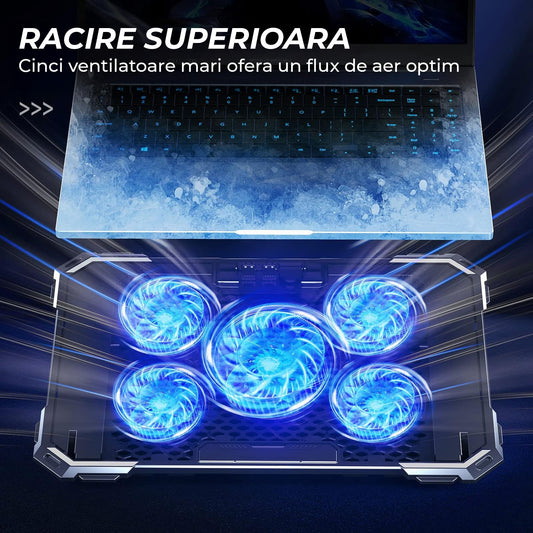 Cooler Laptop Gaming RGB Elindor® Suport cu Unghi Reglabil 6-12 cm, Dimensiuni Compatabile 12-17.3 Inch, 5 Ventilatoare Puternice si Silentioase 15dB cu Viteza Ajustabila, 2 Porturi USB, pentru Birou, Calatorii, 41,6 x 28,5 x 2,8 cm, Negru