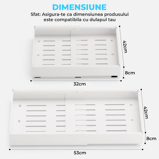 Organizator Multifunctional Elindor® Tip Sertar, cu Adeziv, Suport Metalic Dulap sub Blat Chiuveta, Inaltime Reglabila, 2x Sertar Glisant Organizare pentru Bucatarie, Baie, Camara, Bar, Raft cu Sertare Depozitare Detergenti, Parfumuri, 32-53x42x8 cm, Alb
