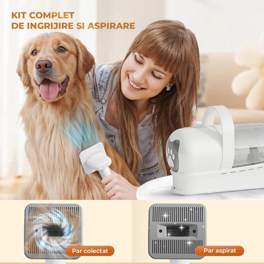 Kit Gri Profesional de Toaletare Elindor® pentru Animale de Companie, Caini si Pisici, Aspirator 4-in1, 6 Accesorii Incluse, Perie Trimmer Anti Naparlire, Cleste/Unghiera Gheare, Aparat de Tuns, Aspirator Integrat