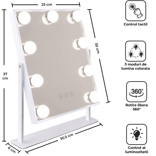 Oglinda Machiaj Elindor® cu 9 Lumini LED, Culori Reglabile, Touch Control, Baza Solida, Rotatie 360° , pentru Dormitor sau Salon, Alb