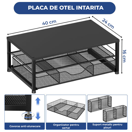 Suport Birou Elindor® pentru Monitor sau Laptop, Organizator Universal, Multifunctional, Antiderapant, Spatiu Lateral Pixuri, Sertar Glisant, pentru Masa, Ideala la Munca sau Acasa, 40 x 24 x 16 cm, Negru
