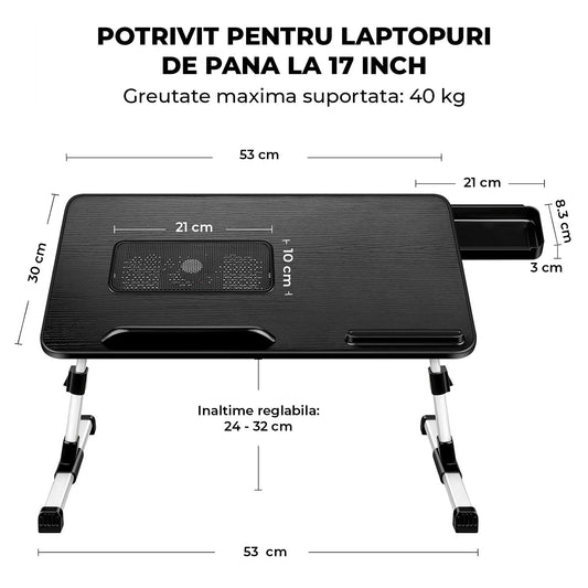 Masa Pliabila pentru Laptop Elindor® Suport Inaltime Reglabila pe 5 Niveluri, Unghi Ajustabil, Antiderapanta, Usor de Depozitat, Birou Portabil cu Sertar de Depozitare si Suport pentru Mouse, Utilizare in Orice Loc, Ideala la Munca sau Mic Dejun la Pat, N