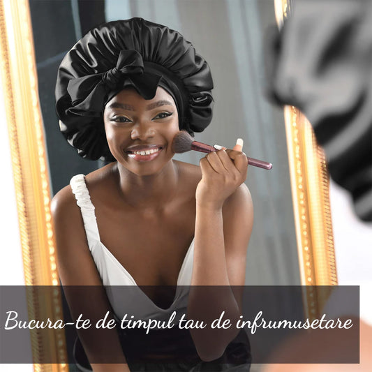 Boneta Satin Dubla Elindor® Pentru Protectia Parului, Banda Reglabila, Negru