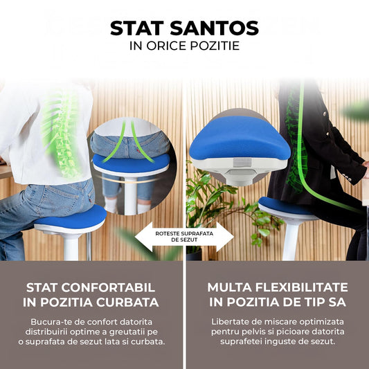 Scaun Ergonomic Elindor® cu Rotatie Libera, fara Spatar si Manere, Design Compact, Tapitat cu Burete Moale, cu Picior Metalic, Potrivite pentru Bucatarie, Birou, Medici, Inaltime Ajustabila 48-63 cm, Albastru