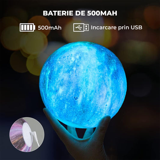 Lampa de Veghe Elindor® cu LED, Model Luna si Galaxie, Incarcare USB, 16 Culori pentru Camera cu Efect 3D, Veioza Control prin Atingere si cu Telecomanda, Potrivita si pentru Noptiera in Dormitor, Atractiva pentru Camera Copilului, Baza din Lemn