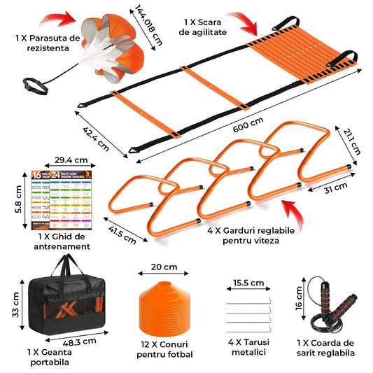 Scara de Antrenament Elindor® pentru Agilitate, Viteza, Rezistenta, Coordonare, Rapiditate, cu 12 Conuri, 4 Garduri Reglabile, Lungime Reglabila, Parasuta de Rezistenta, Interior/Exterior, 600x43 cm, Portocaliu/ Negru