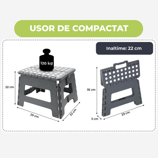 Scaun Pliabil Elindor® Ideal pentru Bucatarie, Baie, Birou, Living, Terasa, Uz Interior si Exterior, Taburet din ABS, Greutate Maxima Suportata 120 kg, Suprafata Antialunecare, 29 x 22 x 22 cm, Gri