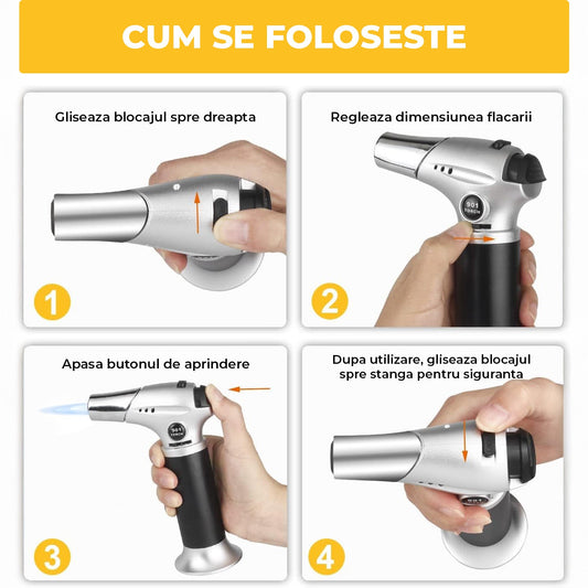 Torta Butan Profesionala Elindor®, Reincarcabila, Flacara Ajustabila 1370°C, Aprindere Piezo, Blocare de Siguranta, Design Compact, pentru Gatit, Deserturi, Gratar, Cofetarie, Cocktail, Negru