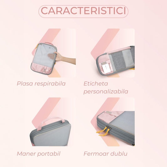 Set 6 Cuburi de Compresie Elindor® pentru Organizarea Bagajului – Roz, Accesorii Ușoare și Durabile pentru Călătorii