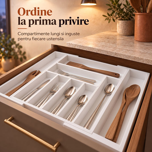 Organizator Elindor® pentru Tacamuri si Ustensile de Bucatarie, 9 Compartimente, Sertar Extensibil, Suport Ajustabil pentru Cutite, Linguri, Furculite, Accesorii Bucatarie, Separator Sertar, 33.7-50 x 45 x 5 cm, Alb
