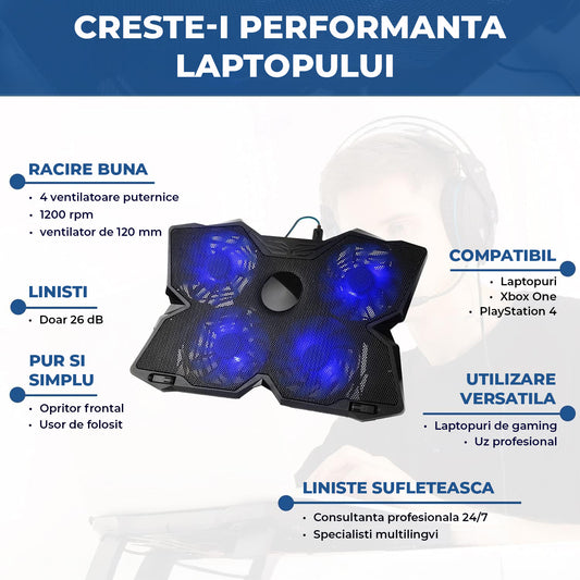 Cooler Laptop Gaming RGB Elindor® Suport cu Unghi Reglabil pe 2 Nivele, Viteza Ajustabila, Dimensiuni Compatabile 11-19 Inch, 4 Ventilatoare Puternice si Silentioase, 2 Porturi USB, Suport Telefon, pentru Birou, Calatorii, 40.5 × 28.5 × 3.1 cm, Albastru