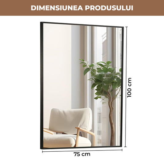 Oglinda Decorativa 100 x 75 cm Elindor® Agatare pe Perete sau Sprijinita,Rama Neagra, Dreptunghiulara, Moderna si Eleganta, Reflexie HD, Sticla fara Distorsiuni, Ideala pentru Dormitor, Living, Birou, Dressing, Hol, Baie
