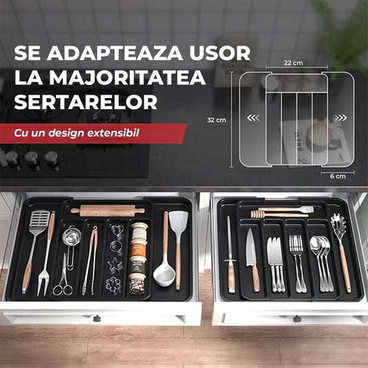 Organizator Elindor® pentru Tacamuri si Ustensile de Bucatarie, 5-7 Compartimente, Sertar Extensibil, Suport Ajustabil pentru Cutite, Linguri, Furculite, Accesorii Bucatarie, Separator Sertar, 32 × 22 × 4 cm, Negru
