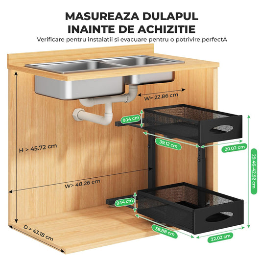 Organizator cu Sertare Glisante Elindor® pe 2 Nivele pentru Dulap, sub Chiuveta, Raft cu Sertar pentru Camara, Organizare Bucatarie, Baie si Birou, Sistem Glisant si Antialunecare, Accesorii Depozitare, Multifunctional, Organizatoare pentru Casa, Negru