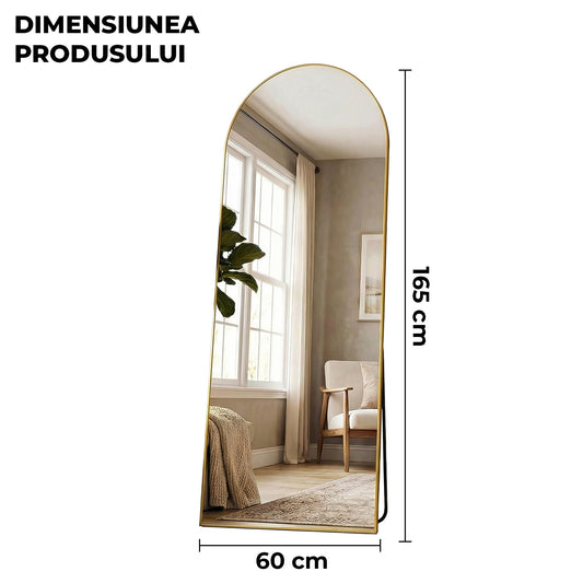 Oglinda de Podea Aurie Elindor®, 165 x 60 cm, cu Suport, cu Rama Tip Arcada din Aluminiu, Montare pe Perete sau Agatare, Oglinda Corp Intreg Pentru Dormitor, Living, Birou sau Dulap, Usoara, Multifuntionala, Reglabila