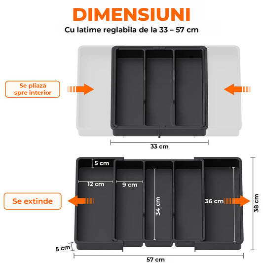 Organizator Elindor® pentru Tacamuri si Ustensile de Bucatarie, 5 Compartimente, Sertar Extensibil, Suport Ajustabil pentru Cutite, Linguri, Furculite, Accesorii Bucatarie, Separator Sertar, 57 × 38 × 5 cm, Negru