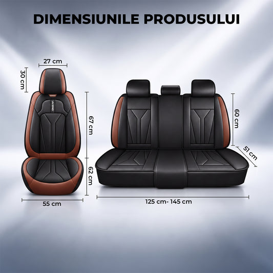 Set 5 Huse Scaune de Masina Elindor®, Huse Auto Piele, Impermeabile, Universale, Protectie Scaun Fata si Spate, Montaj Rapid, Accesorii Masina Interior, Negru / Maro