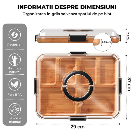 Platou pentru Branzeturi si Aperitive Elindor® din Bambus cu Capac Transparent, Tava Compartimentata pentru Branzeturi, Mezeluri si Gustari, 6 Sectiuni, Platou de Bucatarie, 37 × 29 × 7 cm, Bej