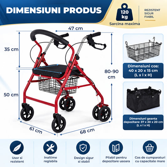 Cadru de Mers Elindor®, Pliabil, cu 4 Roti, Sezut Captusit, Spatar, Frane de Mana cu Blocare, Manere Reglabile pe 4 Niveluri, Cos Depozitare, pentru Persoanele cu Dificultati Locomotorii sau in Etate, Sarcina 120 kg, Rosu
