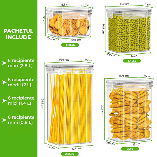 Set de 24 Recipiente Elindor® Mari si Mici, cu Capac Etans, Caserole Ingrediente pentru Bucatarie, pentru Alimente Uscate, Recipient pentru Depozitare Cafea, Zahar, Paste, Cereale, Capac Etans, fara BPA, Transparent