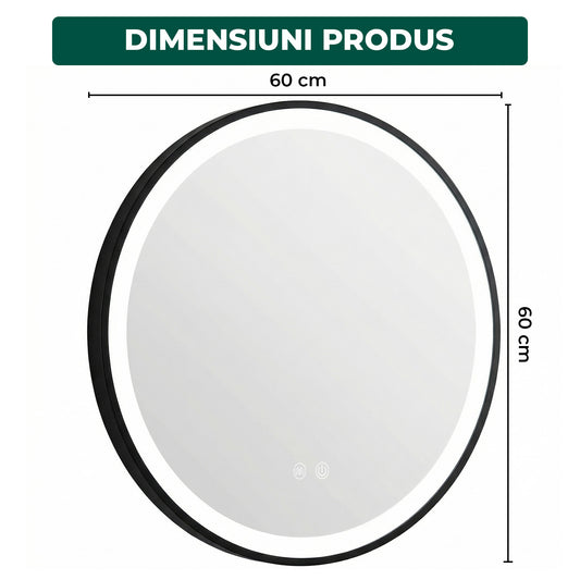 Oglinda de Perete Elindor® Rotunda, Antiaburire, cu Rama, Ideala pentru Baie, Iluminare Led Reglabila, Dimabila, Touch, Buton ON/OFF Luminat si Noaptea, Rezistenta la Umiditate IP44, 60 x 60 cm, Negru