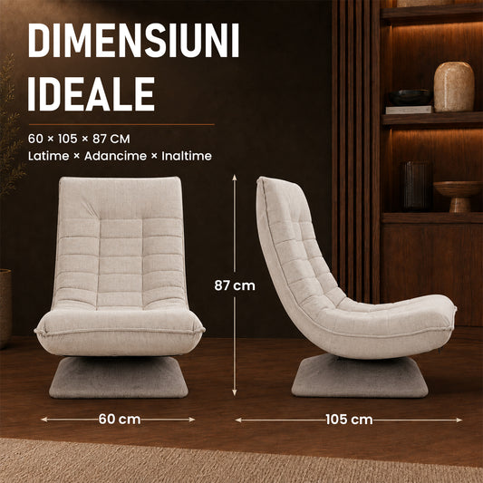 Fotoliu Reglabil Elindor® fara Manere, Scaun de Relaxare cu 5 Pozitii ale Spatarului de 60 cm, Rotativ 360°, Captusit, Ideal pentru Living, Dormitor, Gaming, 60 × 105 × 87 cm, Bej