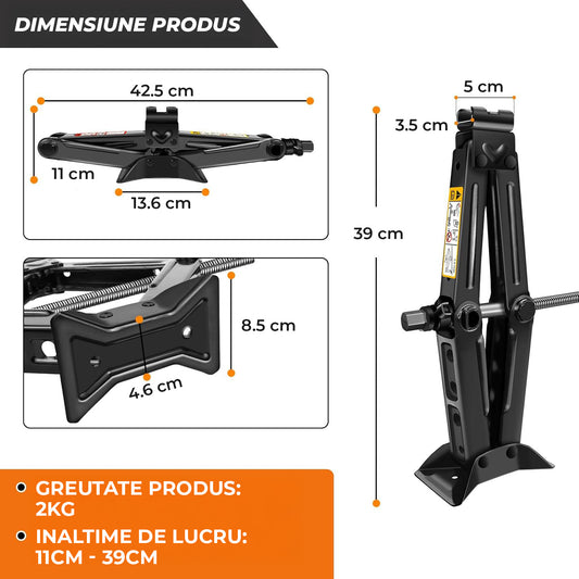 Cric Auto Trapezoidal Elindor® pentru Ridicarea Masinii, Greutate Maxima Suportata 2 Tone, Ideal pentru Vehicule Tip Autovehicul, Motocicleta, ATV, Camion, Utilaj Agricol, 41.5 × 9 × 10 cm, Negru