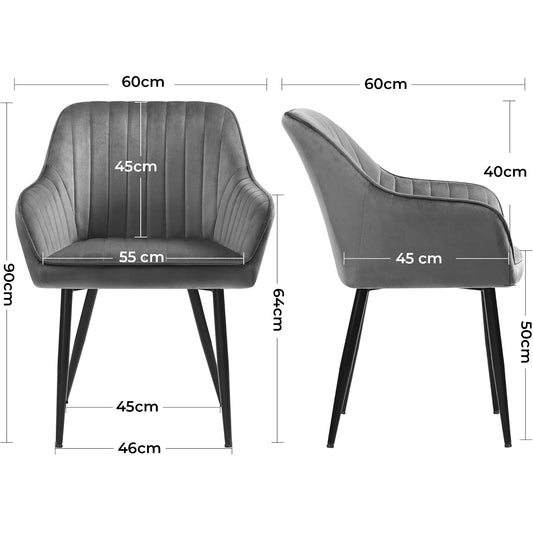 Set 2 Scaune Elindor® Ergonomice, Design Contemporan, Scaun cu Spatar si cu Manere, din Catifea cu Picioare Metalice Negre, Potrivite pentru Living, Bucatarie, Birou, Dormitor, 90x60x45 cm, Gri