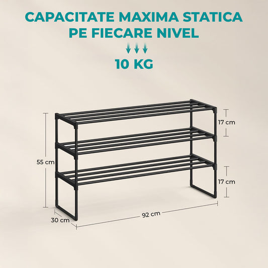 Organizator pentru Pantofi Elindor® Pantofar cu 3 Nivele Mari, Fara Gauri, Suport Metalic pentru Papuci, Dulap Hol, Dormitor, Economisire Spatiu, Depozitare Incaltaminte, 30 × 92 × 55 cm, Negru