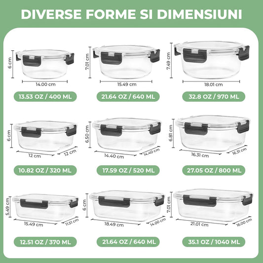 Set de 12 Caserole Elindor® din Sticla, Recipiente Ingrediente pentru Bucatarie, pentru Alimente Uscate, Recipient pentru Depozitare Zahar, Cafea, Paste, Cereale, Capac Etans, Potrivit pentru Congelator, Transparent
