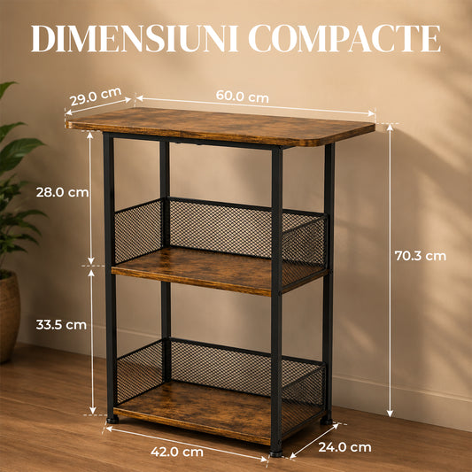 Mini Bar Elindor® Masa pe 3 Nivele, Ideal pentru Living, Birou, Dormitor, Mobila Multifunctionala, Moderna, cu Structura Metalica, Cos Depozitare, Ideala pentru Sticle si Pahare, 60 x 24 x 70.3 cm, Maro Rustic
