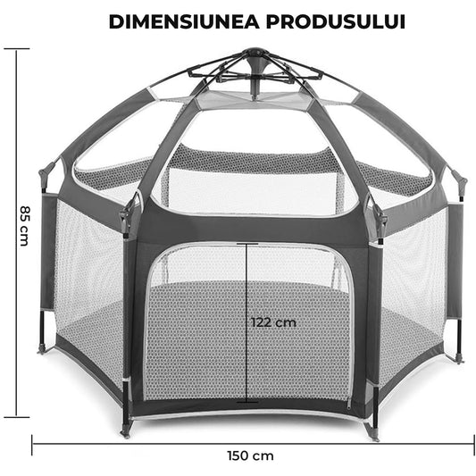 Tarc de Joaca pentru Bebelusi si Copii Elindor® Tip Cort, Spatiul Sigur de Joaca, Plasa de Protectie UV, Include Usa cu Fermoar, Materiale Eco-Friendly și Non-Toxice, Varsta 1-3 ani, 150 x 122 cm, Gri