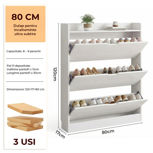 Organizator pentru Pantofi Elindor® Pantofar tip Dulap cu 3 Nivele Mari, Fara Gauri, Suport pentru Papuci, Dulap Hol, Living, Dormitor, Economisire Spatiu, Depozitare Incaltaminte, 80 x 17 x 120 cm, Alb