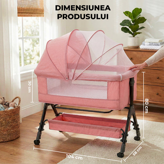 Patut Pliabil Bebelusi Elindor® 3 in 1, Leagan Bebe, Inaltime Reglabila, Portabil, Plasa Laterala, Roti cu Sistem Blocare, 104 x 58 x 80 cm, Roz