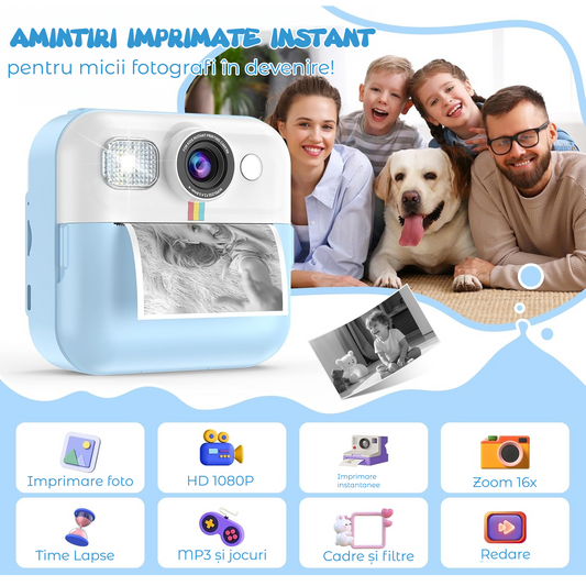 Camera Foto Instant Pentru Copii Elindor®, Ecran 2.4 Inch, 1080P, 16X Zoom, Printare Fara Cerneala, 3 Role Hartie Incluse, 32GB SD, Albastru