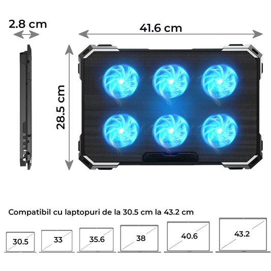 Cooler Laptop Gaming RGB Elindor® Suport cu Unghi Reglabil pe 6 Nivele, Dimensiuni Compatabile 13-15.6 Inch, 6 Ventilatoare Puternice si Silentioase 25dB, Viteza Ajustabila, 2 Porturi USB, pentru Birou, Calatorii, 41.6 x 28.5 x 2.8 cm, Negru