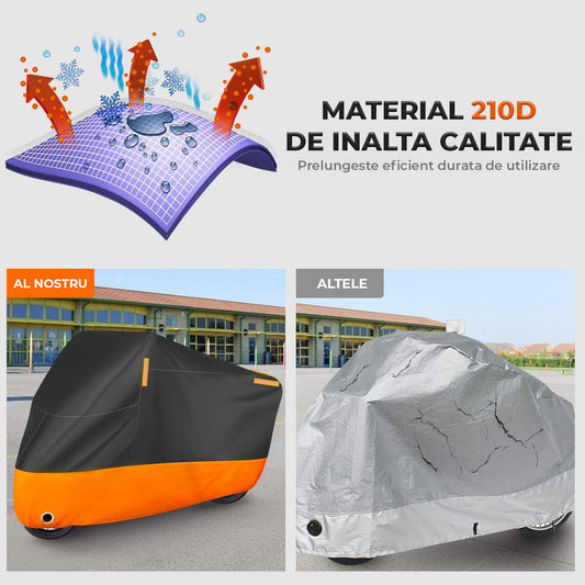 Husa Motocicleta Universala Elindor® XL, Impermeabila, Protectie Antipraf si UV, Banda Reflectorizanta, Orificii Pentru Lacat, Material Oxford Durabil, Potrivita Pentru Exterior si Interior, Accesorii Motocicleta, 220 × 104 × 127 cm, Negru