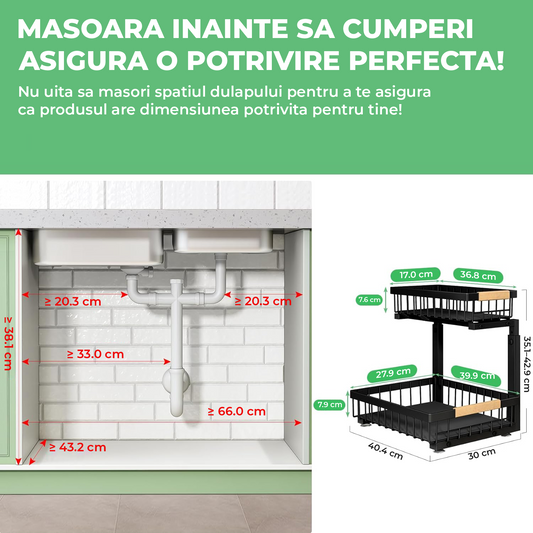 Set 2 Organizatoare Multifunctionale Elindor® pe 2 Nivele, 2x Sertar Glisant, Montat pe Blat sau in Dulap sub Chiuveta, Suport Metalic Organizare, Organizator pentru Bucatarie, Baie, Camara, Raft cu Sertare Depozitare Legume, Parfumuri, 41