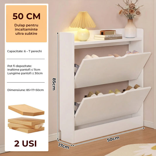 Organizator pentru Pantofi Elindor® Pantofar tip Dulap cu 2 Nivele Mari, Fara Gauri, Suport pentru Papuci, Dulap Hol, Living, Dormitor, Economisire Spatiu, Depozitare Incaltaminte, 50 x 17 x 85 cm, Alb