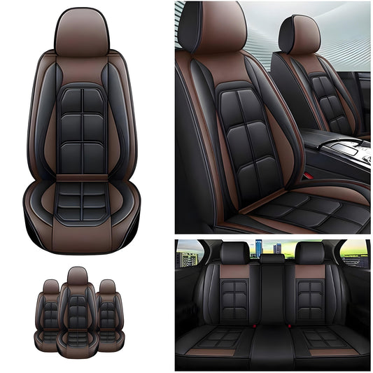 Set 5 Huse Scaune Auto Elindor® Universale, Husa pentru Protectie Sezut si Spatar Scaun Fata si Bancheta Spate, Impermeabila, Piele Ecologica, Accesorii Masina Huse Interior, Maro