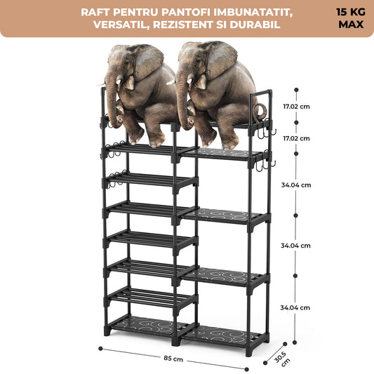 Organizator pentru Pantofi Elindor® Asimetric, Pantofar cu 8 Nivele Mari si 15 Carlige Metalice, Fara Gauri, Suport Metalic pentru Papuci, Dulap Hol, Dormitor, Economisire Spatiu, Depozitare Incaltaminte, 85 × 30.5 × 140 cm, Negru