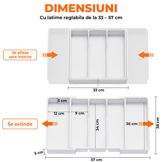 Organizator Elindor® pentru Tacamuri si Ustensile de Bucatarie, 5 Compartimente, Sertar Extensibil, Suport Ajustabil pentru Cutite, Linguri, Furculite, Accesorii Bucatarie, Separator Sertar, 57 × 38 × 5 cm, Alb