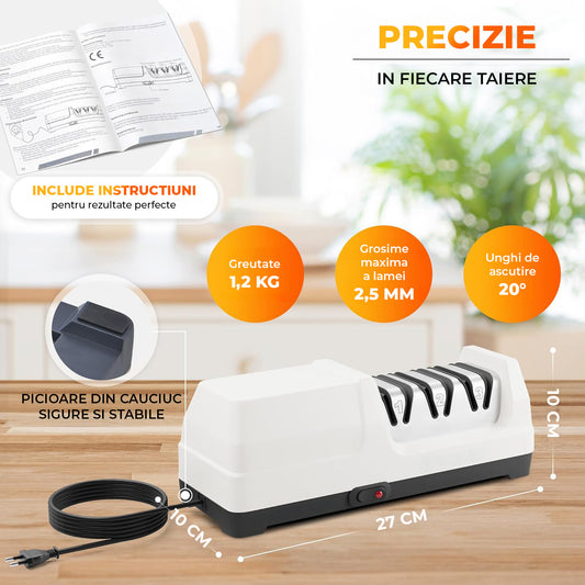 Ascutitor Electric de Cutite Elindor® 3 Etape de Ascutire, Piatra Diamant, Baza Antialunecare, Sistem cu Unghi Fix 20° si Colector Magnetic pentru Resturi Metalice, 27 × 10 × 9 cm, Negru