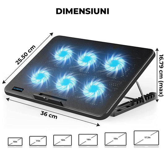 Cooler Laptop Gaming RGB Elindor® Suport cu Unghi Reglabil pe 7 Nivele, Viteza Ajustabila, Dimensiuni Compatabile 12-17.3 Inch, 6 Ventilatoare Puternice si Silentioase, 2 Porturi USB, Suport Telefon, pentru Birou, Calatorii, 36 × 25.5 × 2.7 cm, Negru