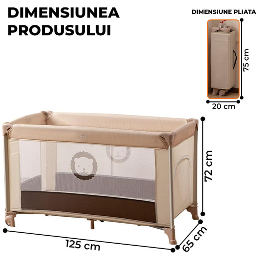 Patut Pliabil pentru Bebelusi Elindor®, pentru Transport si Calatorii, Inaltime Fixa, Varsta 0-12 Luni, Tarc de Joaca, Greutate Suportata 15 kg, 65 × 72 × 125 cm, Bej