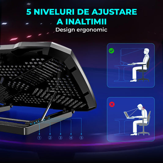 Cooler Laptop Gaming RGB Elindor® Suport cu Unghi Reglabil pe 5 Nivele, Viteza Ajustabila, Dimensiuni Compatabile 12-15.6 Inch, 5 Ventilatoare Puternice si Silentioase, 2 Porturi USB, Suport Telefon, pentru Birou, Calatorii, 36 × 25.5 × 2.7 cm, Negru