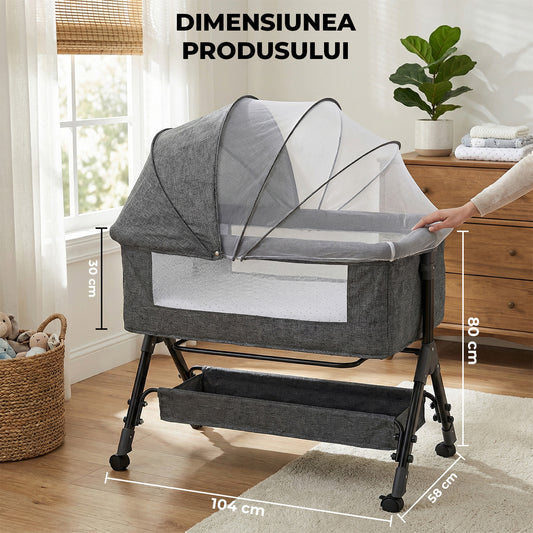 Patut Pliabil Bebelusi Elindor® 3 in 1, Leagan Bebe, Inaltime Reglabila, Portabil, Plasa Laterala, Roti cu Sistem Blocare, 104 x 58 x 80cm, Gri